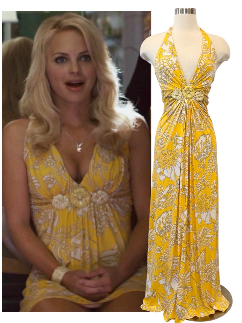 Sky Yellow White Floral Enamel Gold Chain Y2K Vintage Maxi Halter Dress NWT